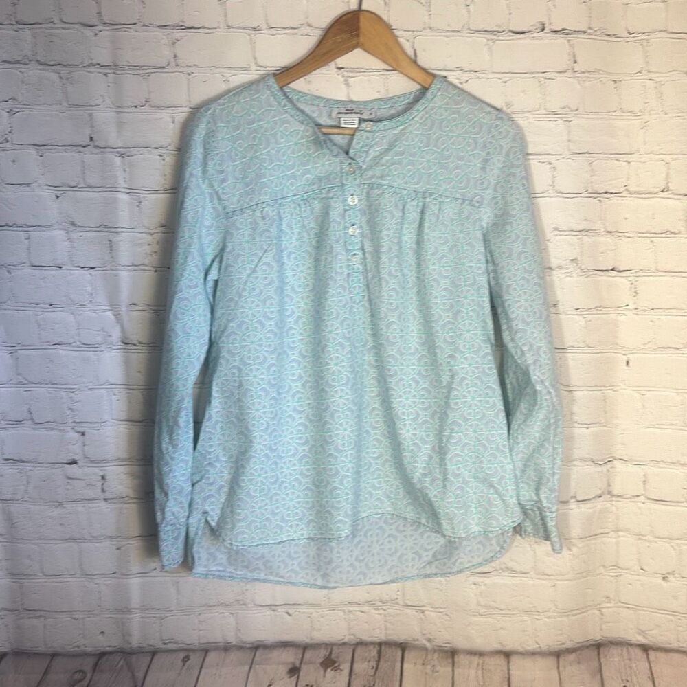 Vineyard Vines Womens S Blue Teal Design Long Sleeve Button Down Blouse Top